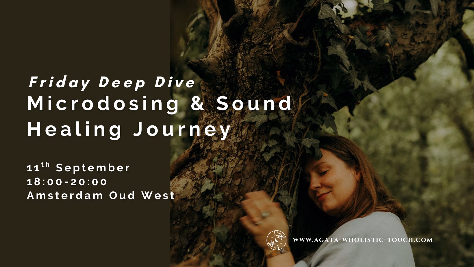 "Friday Deep Dive Microdosing & Sound Healing Journey" poster with a woman leaning against a tree
