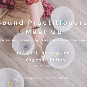 "Sound Practitioners Meet Up" flyer with person playing crystal bowls