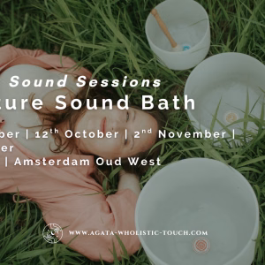 "Signature Sound Bath" poster with a person lying in grass with crystal bowls