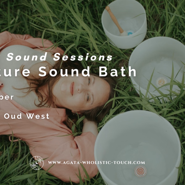 "Signature Sound Bath" poster with woman lying in grass with crystal bowls