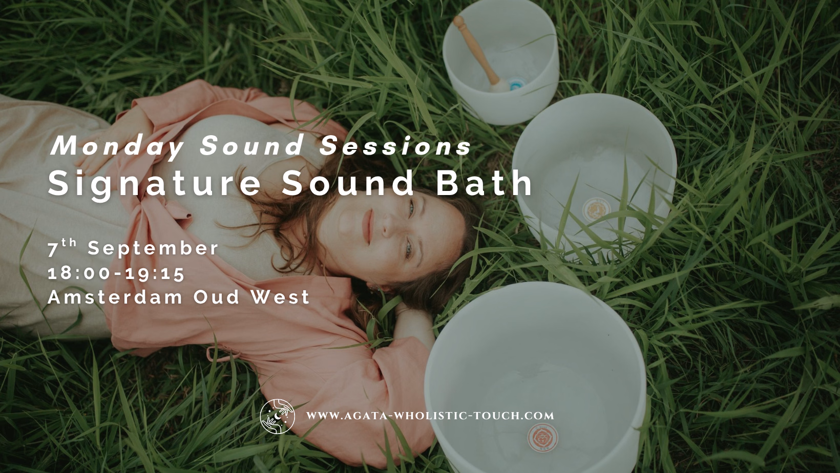 "Signature Sound Bath" poster with woman lying in grass with crystal bowls