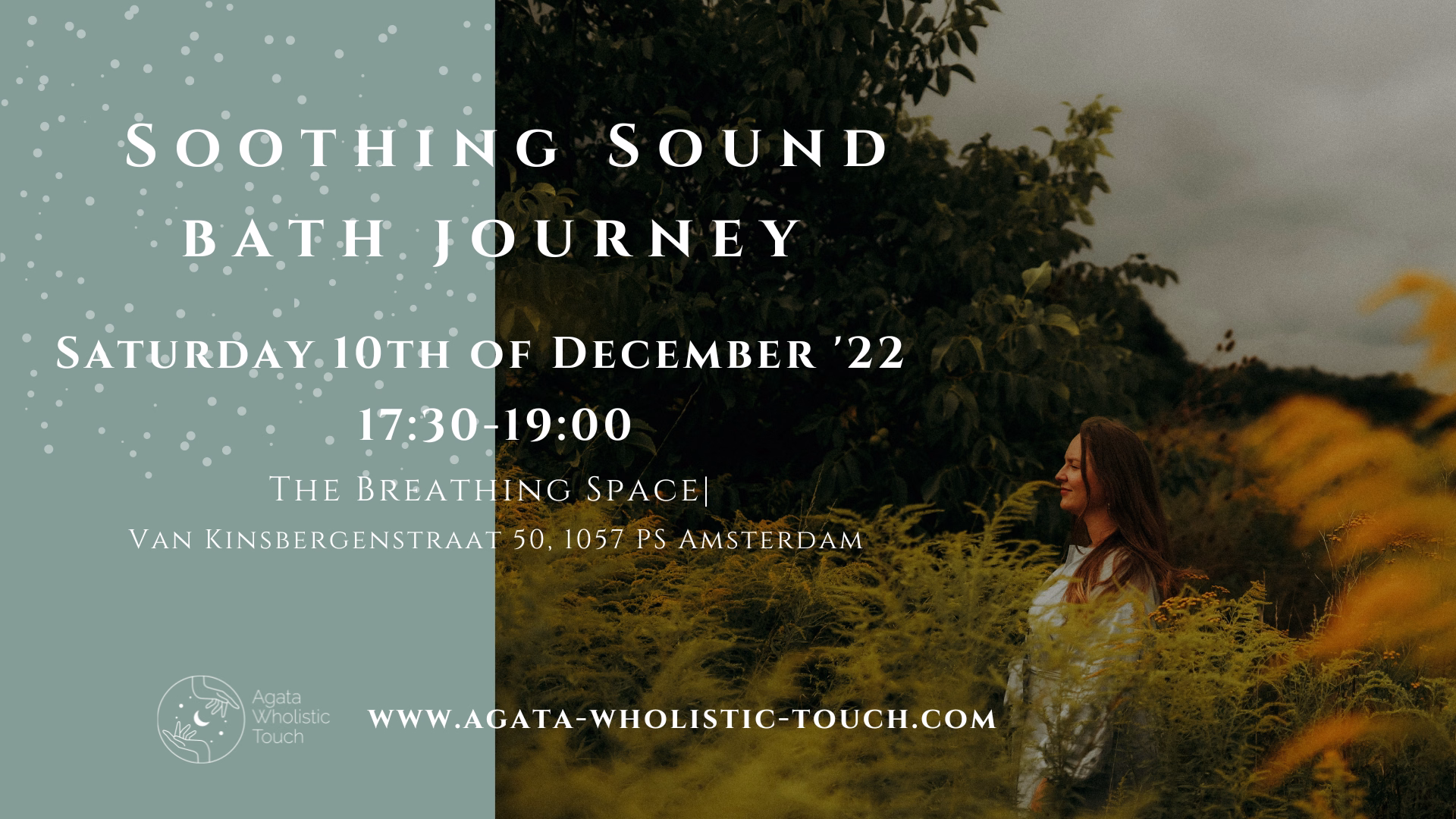 "Soothing Sound Bath Journey" poster with a woman in a field