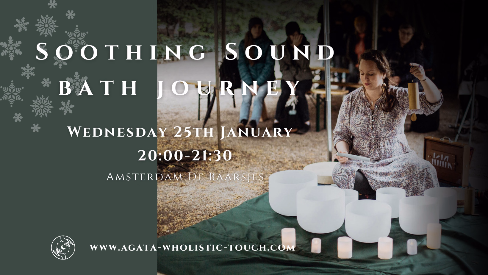 "Soothing Sound Bath Journey" poster with woman playing crystal bowls and candles