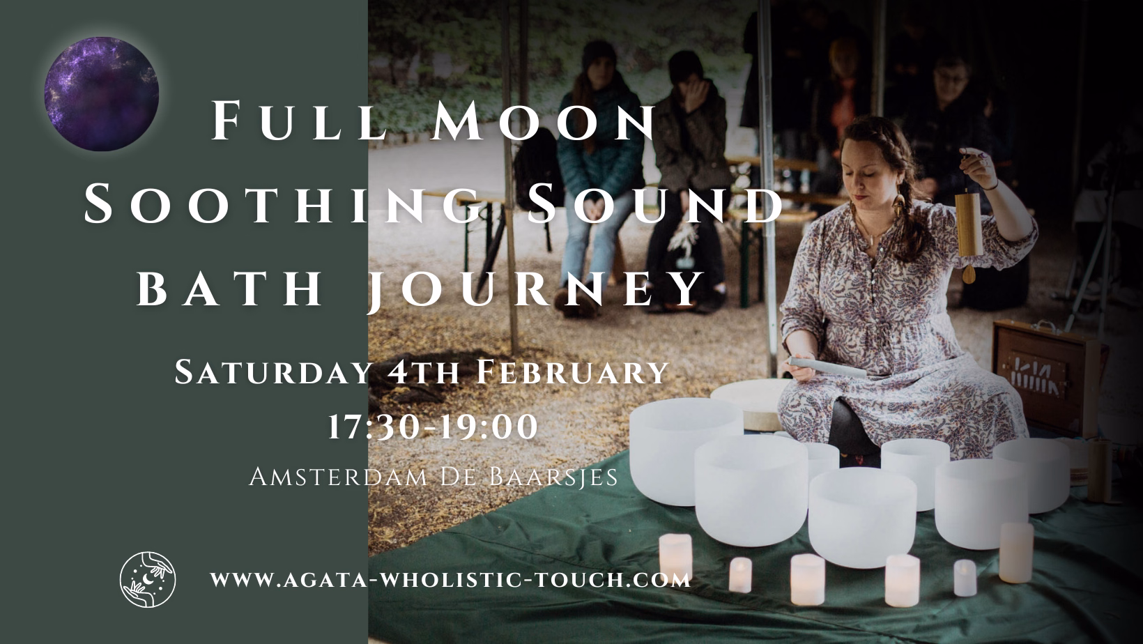"Full Moon Soothing Sound Bath Journey" poster with a woman playing crystal bowls and candles