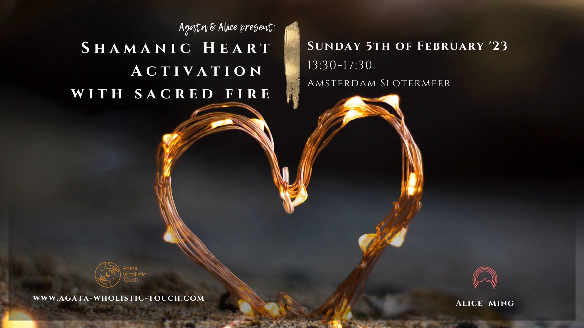 "Shamanic Heart Activation with Sacred Fire" poster with a heart-shaped wire frame and glowing lights