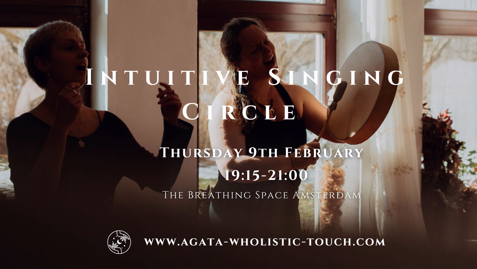 "Intuitive Singing Circle" poster with two women singing and playing a drum