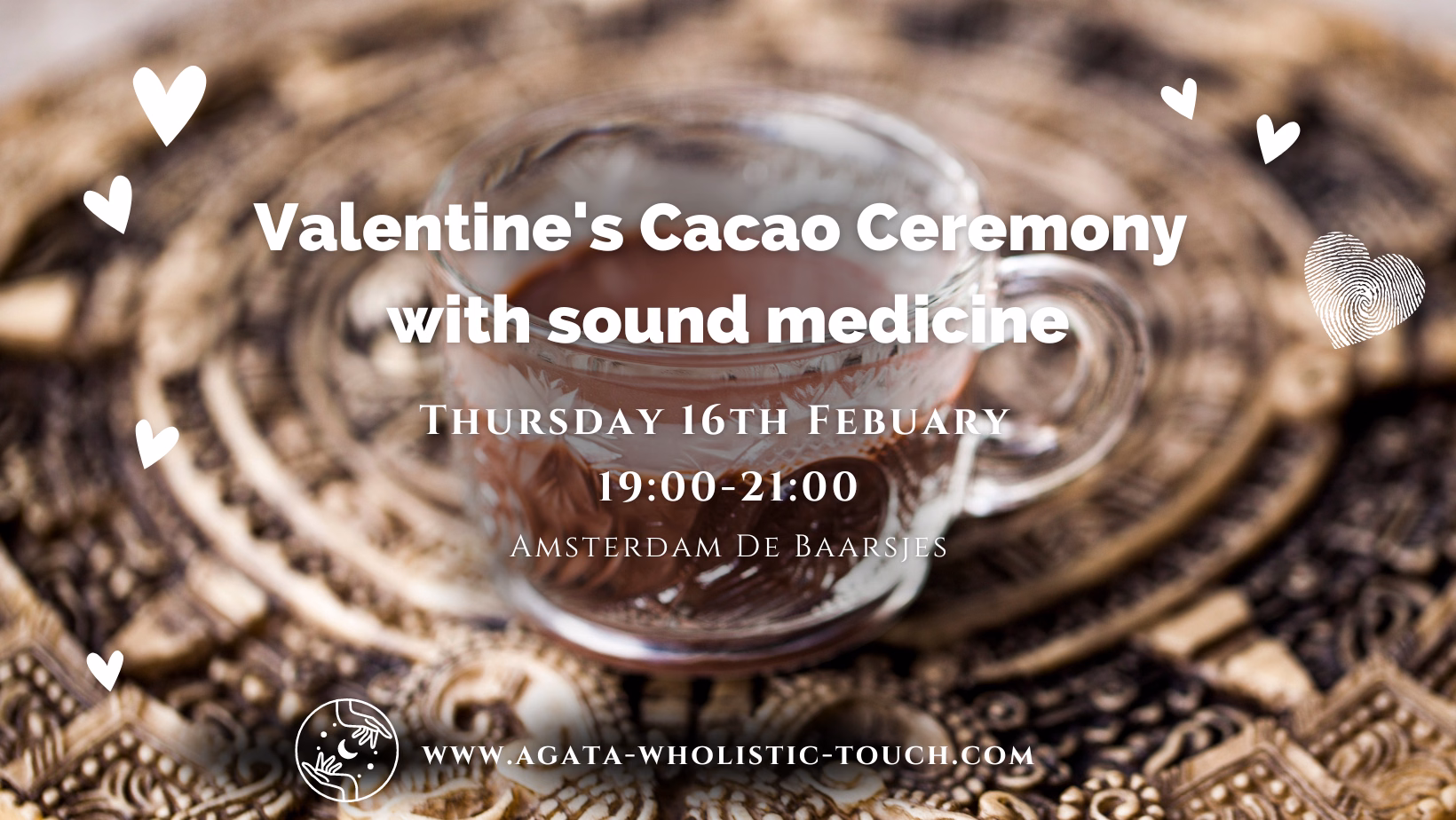 "Valentine's Cacao Ceremony with Sound Medicine" poster with a cup of cacao and a patterned background