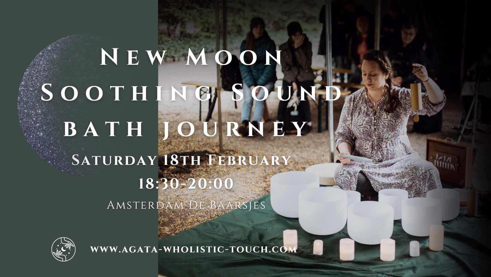 "New Moon Soothing Sound Bath Journey" poster with a woman playing crystal bowls and candles
