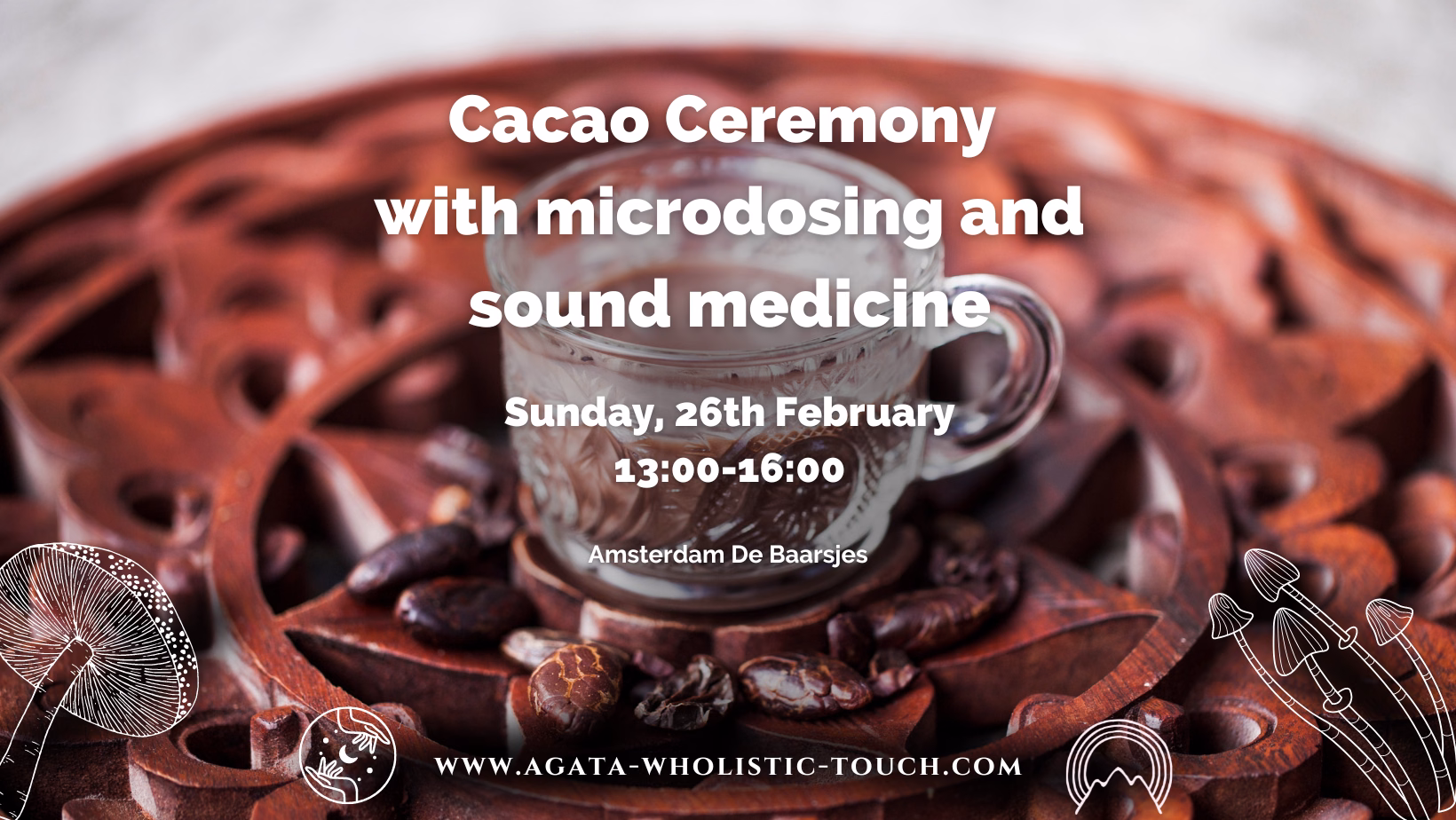 Poster for Cacao Ceremony with Microdosing and Sound Medicine, featuring a cup of cacao and cocoa beans on a wooden tray
