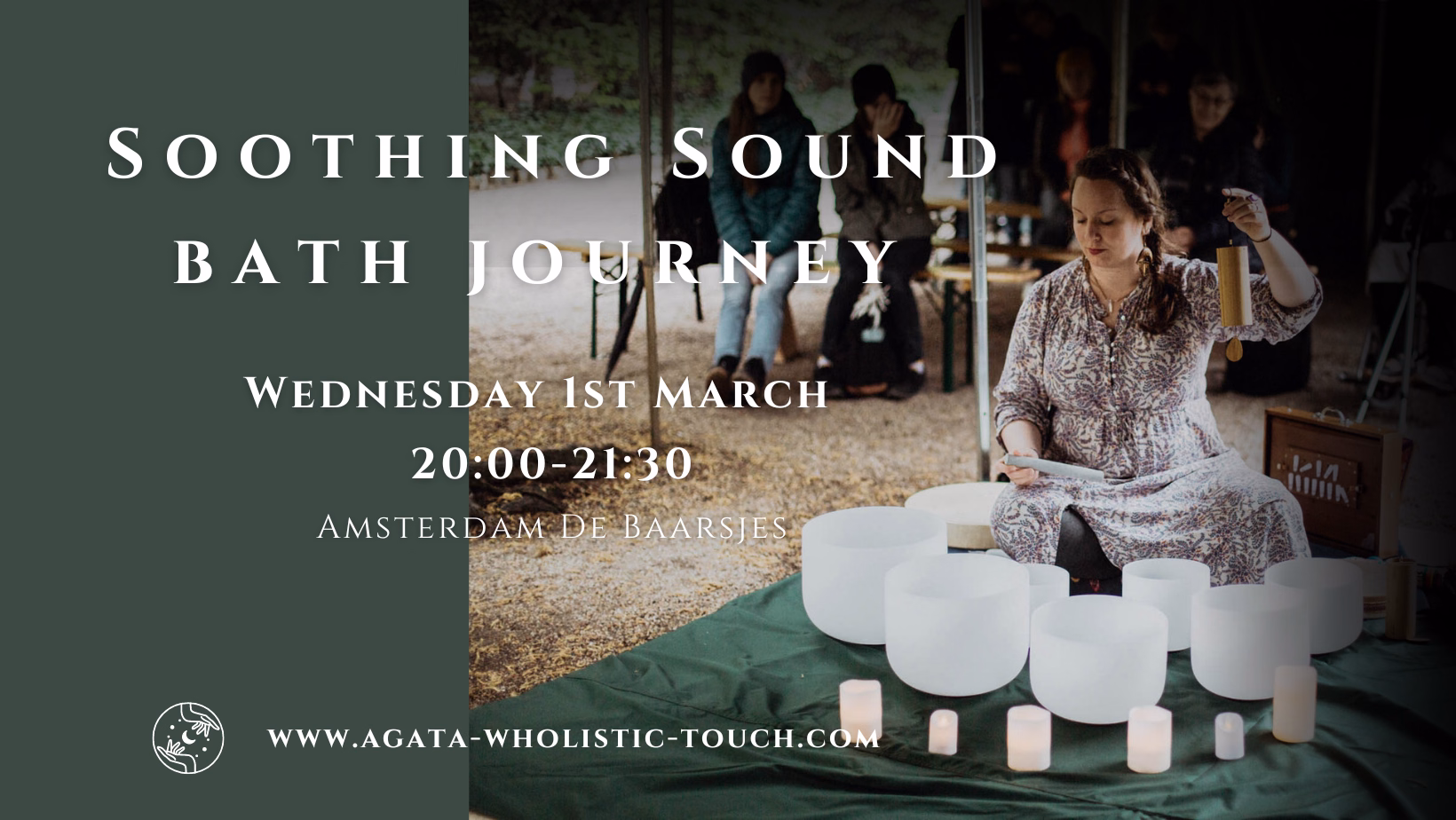 "Soothing Sound Bath Journey" poster with woman playing crystal bowls and candles
