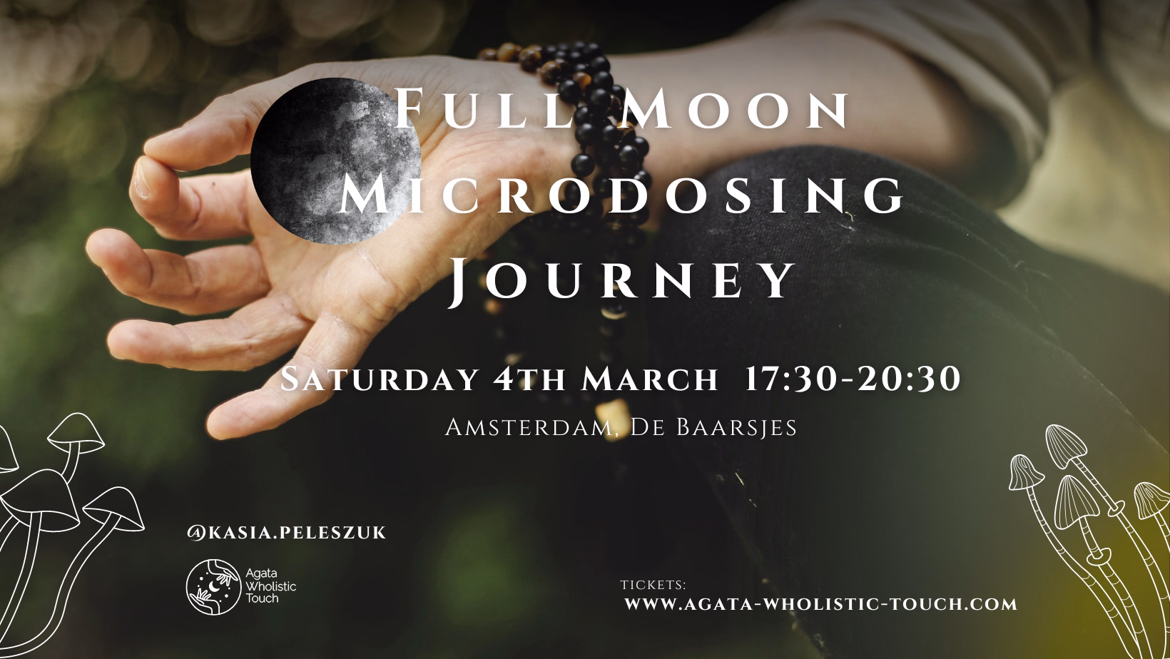 "Full Moon Microdosing Journey" poster with hands and a moon