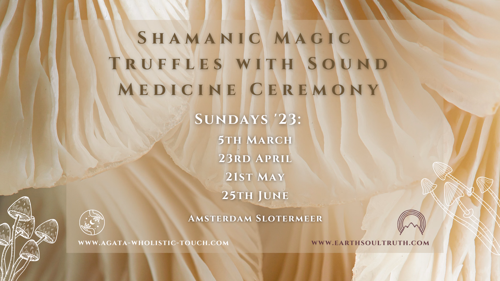 "Shamanic Magic Truffles with Sound Medicine Ceremony" poster with mushroom background and event dates