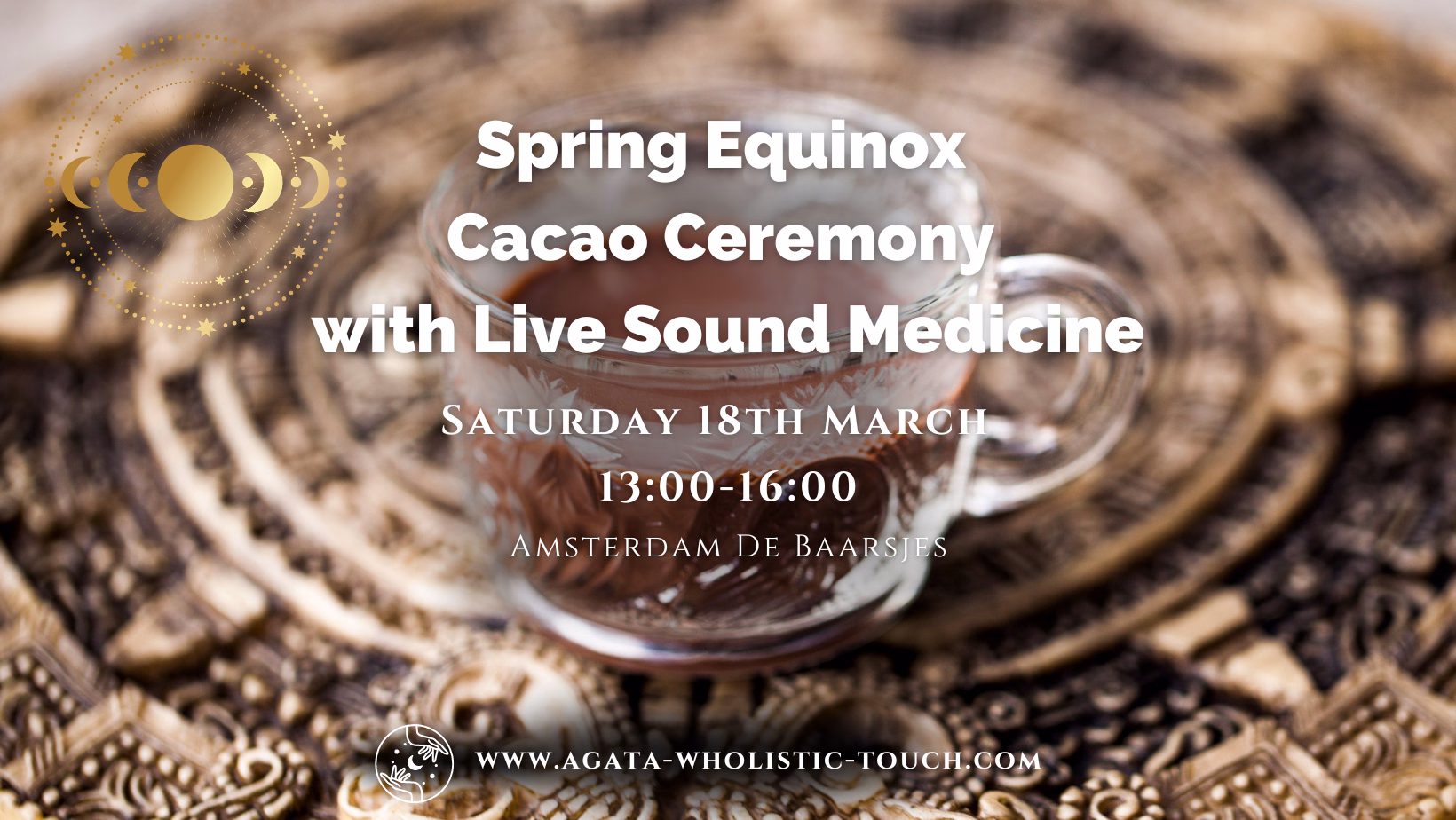"Spring Equinox Cacao Ceremony with Live Sound Medicine" poster with a cup of cacao and a decorative background