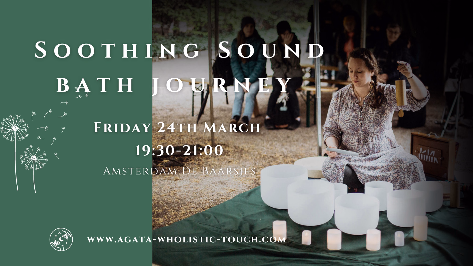 "Soothing Sound Bath Journey" poster with a woman playing crystal bowls and candles