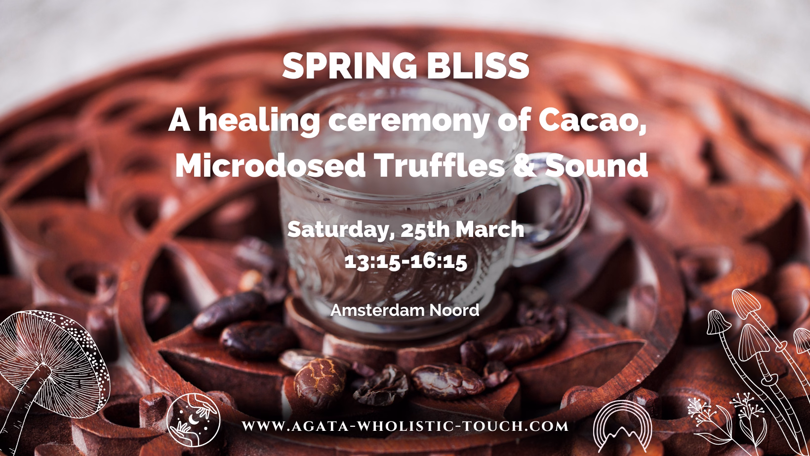 "Spring Bliss" poster with cacao, truffles, and sound setup