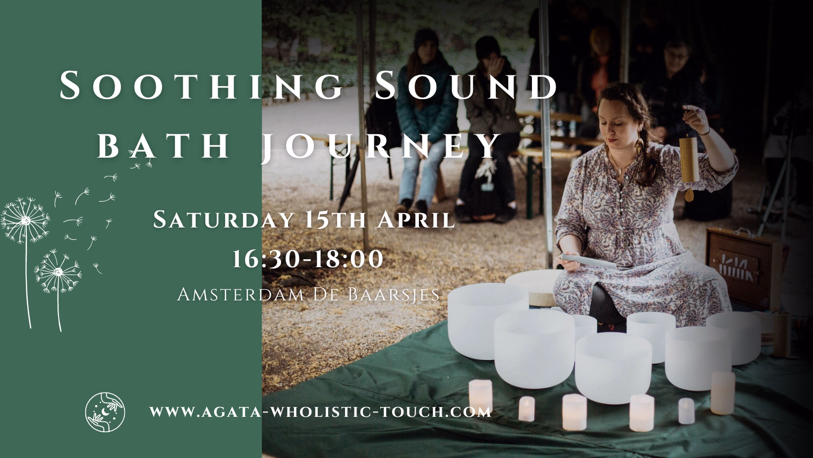 "Soothing Sound Bath Journey" poster with woman playing crystal bowls and candles