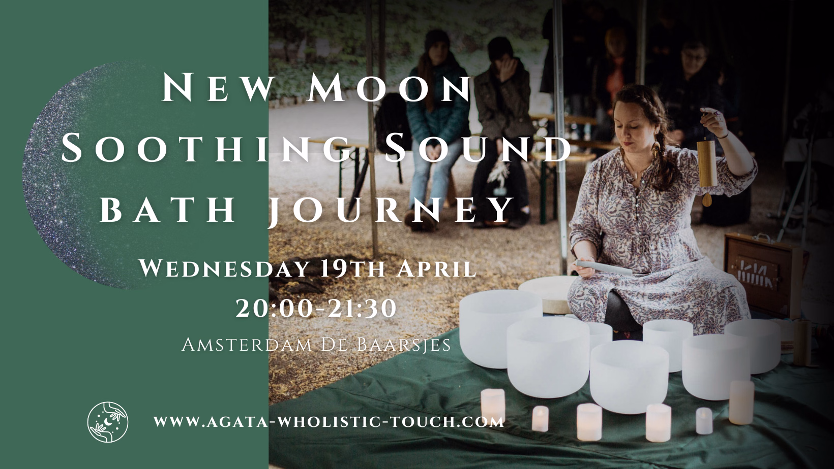 "New Moon Soothing Sound Bath Journey" poster with woman playing crystal bowls and candles