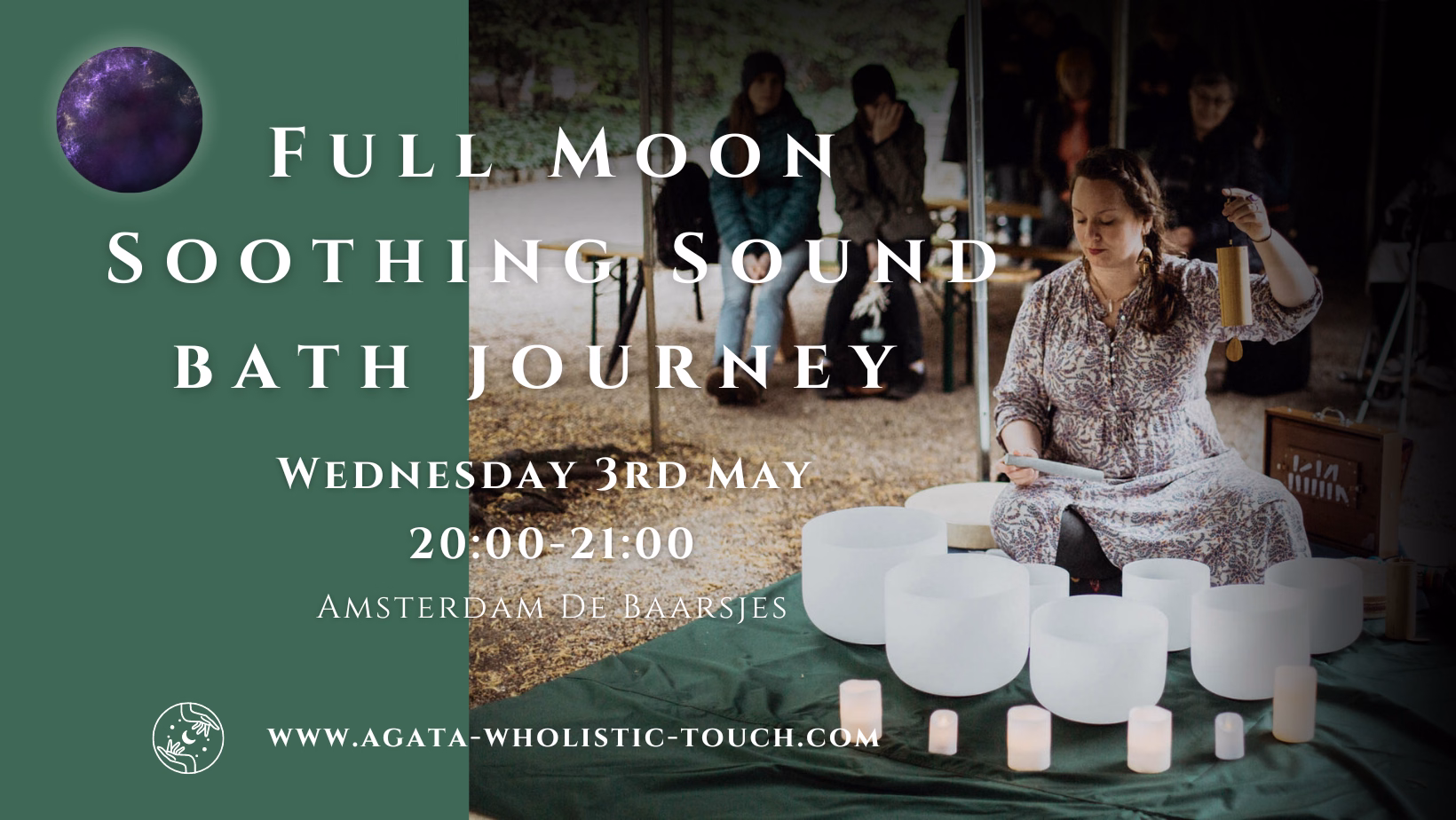 "Full Moon Soothing Sound Bath Journey" flyer with a woman playing crystal bowls and candles