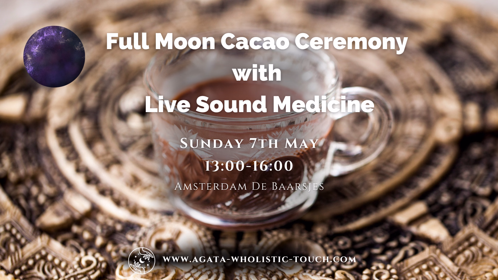 "Full Moon Cacao Ceremony with Live Sound Medicine" poster with a cup of cacao and a woven mat