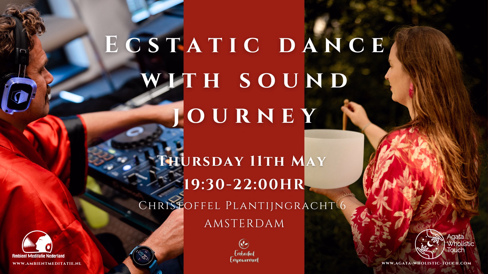 "Ecstatic Dance with Sound Journey" flyer with DJ and woman with crystal bowl