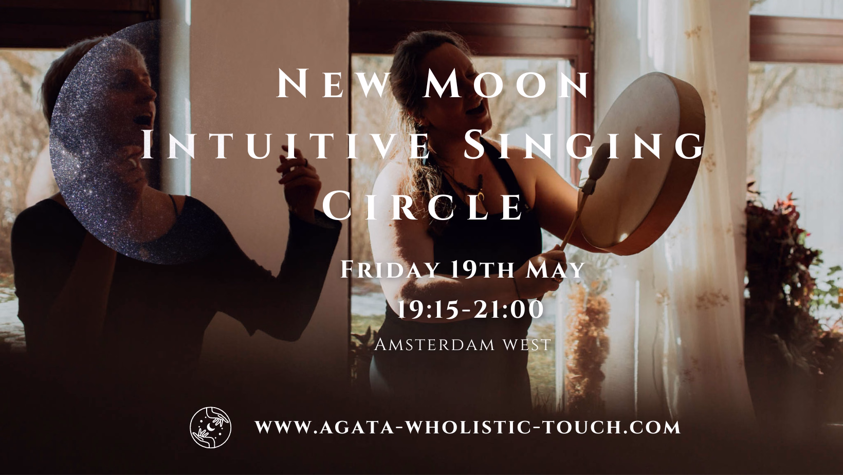 "New Moon Intuitive Singing Circle" poster with two women singing and playing a drum