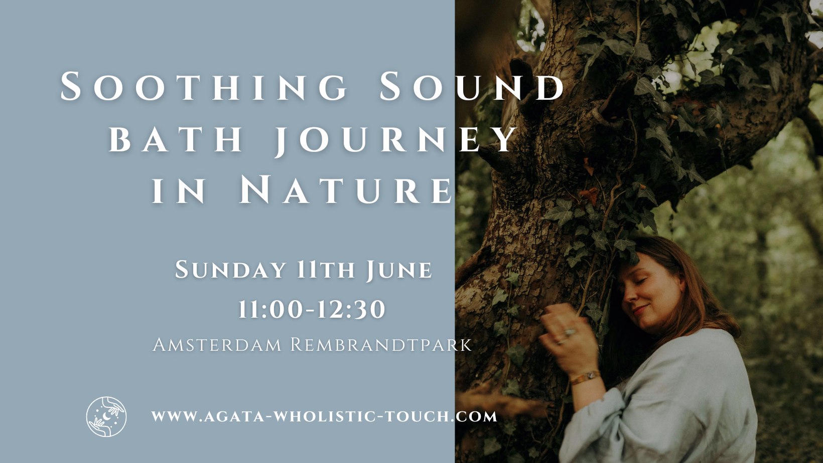 "Soothing Sound Bath Journey in Nature" poster with woman hugging tree in forest