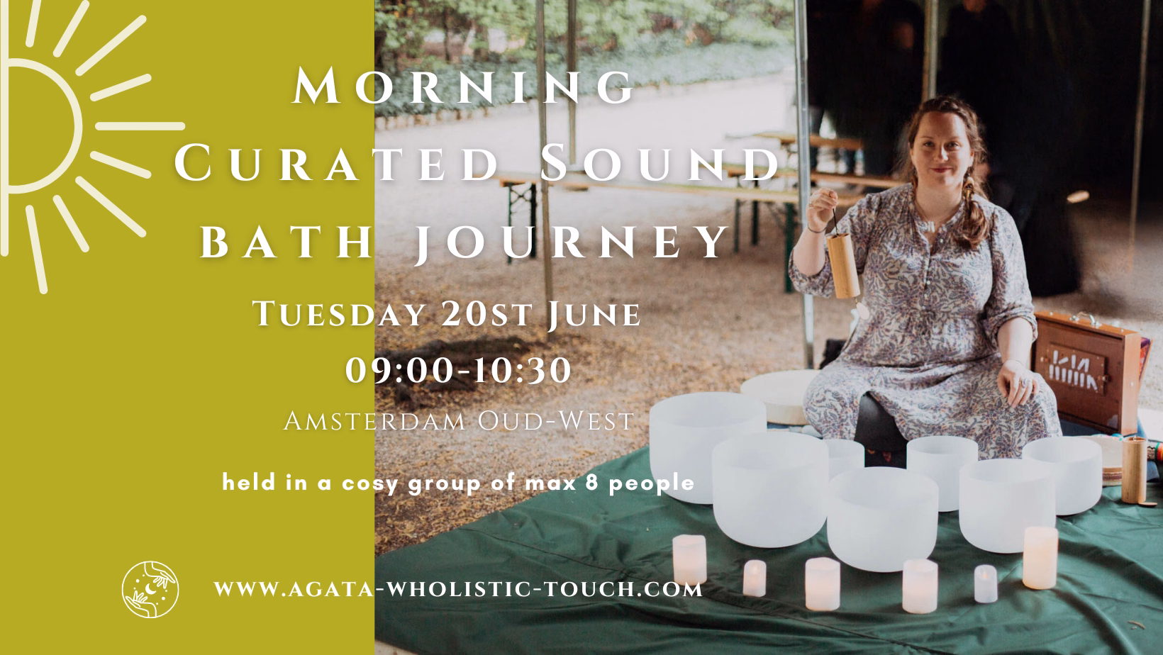 "Morning Curated Sound Bath Journey" flyer with a woman and crystal bowls