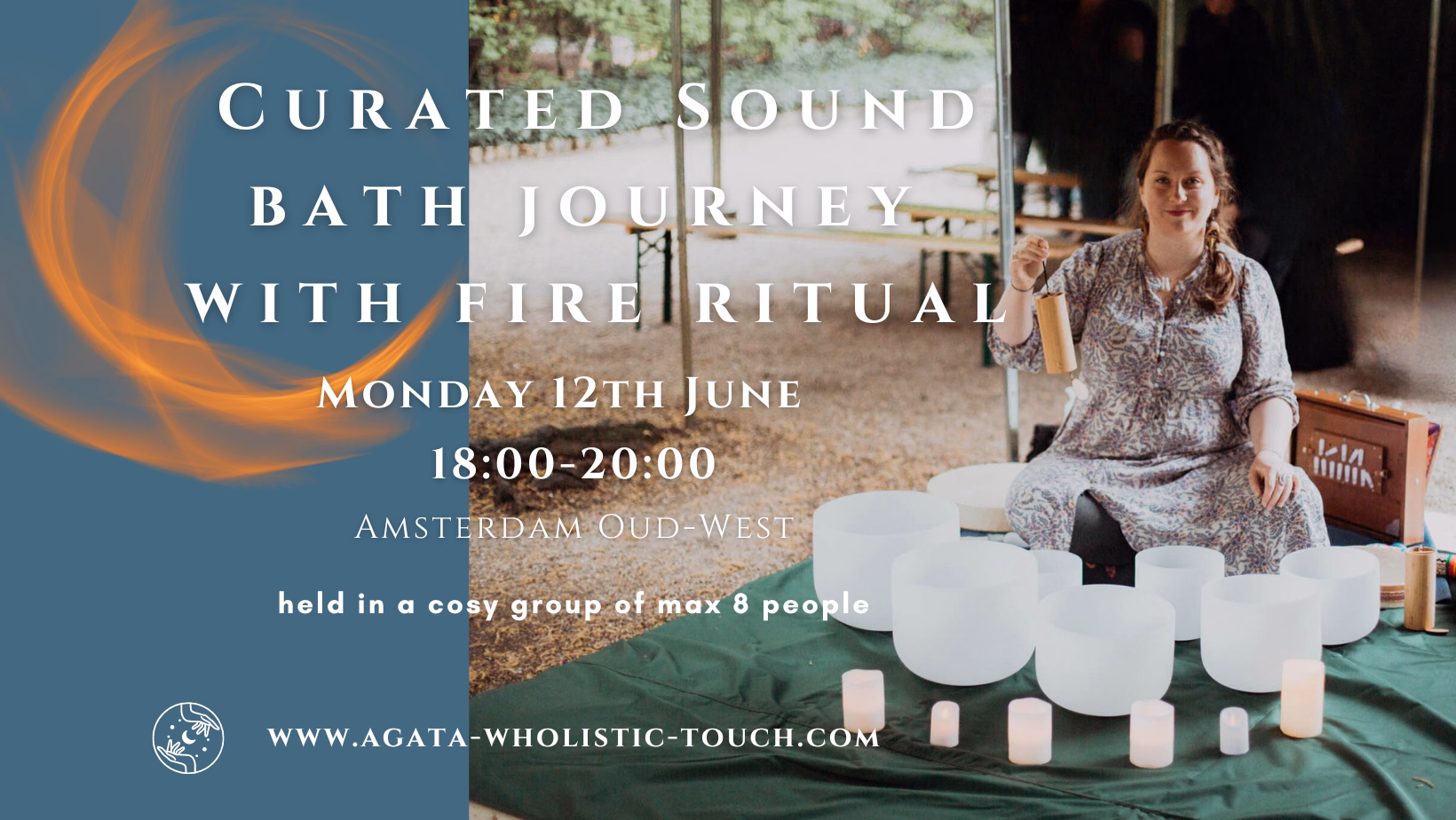 "Curated Sound Bath Journey with Fire Ritual" flyer with a woman and crystal bowls