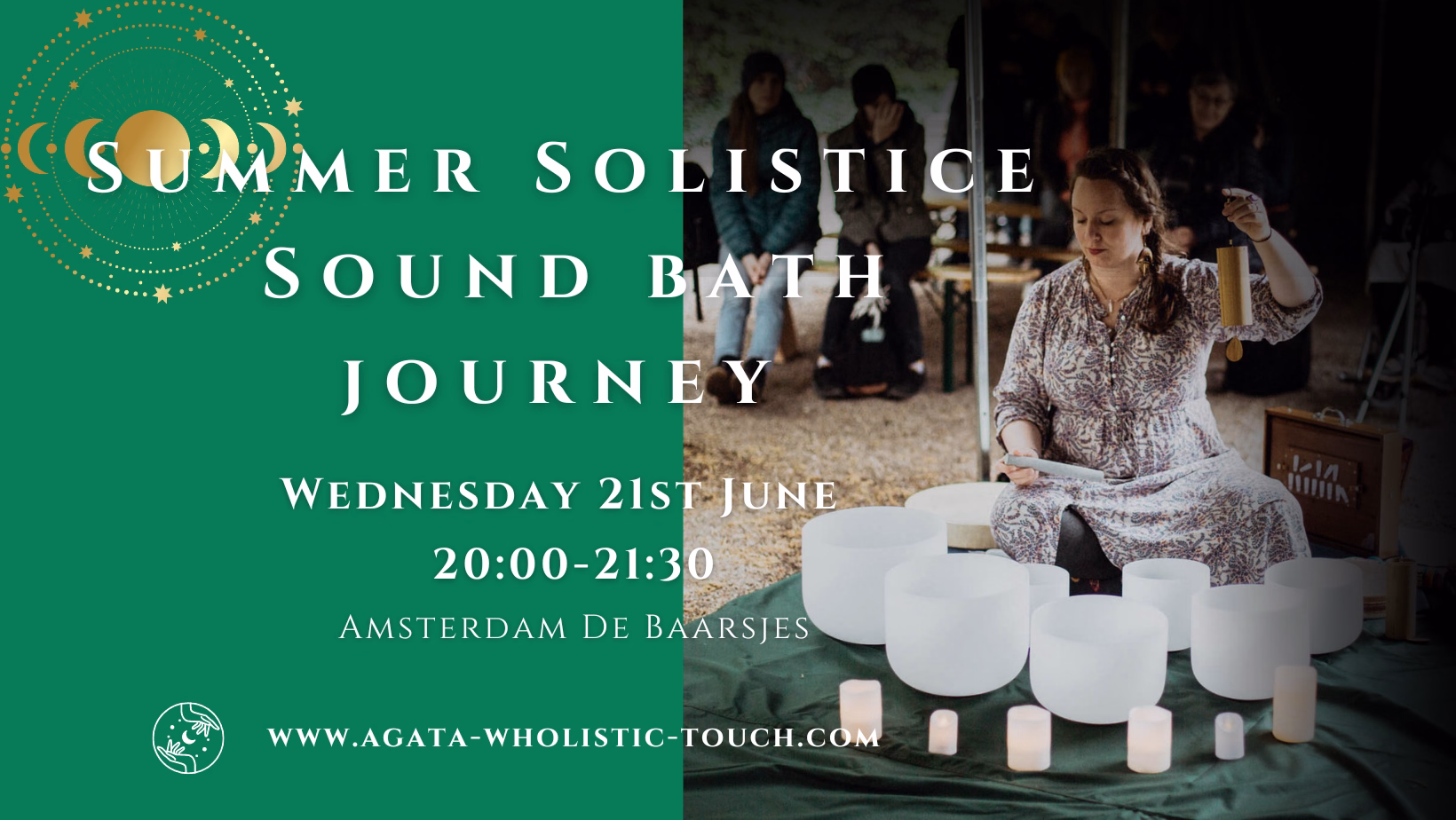 "Summer Solstice Sound Bath Journey" flyer with a woman playing crystal bowls and candles