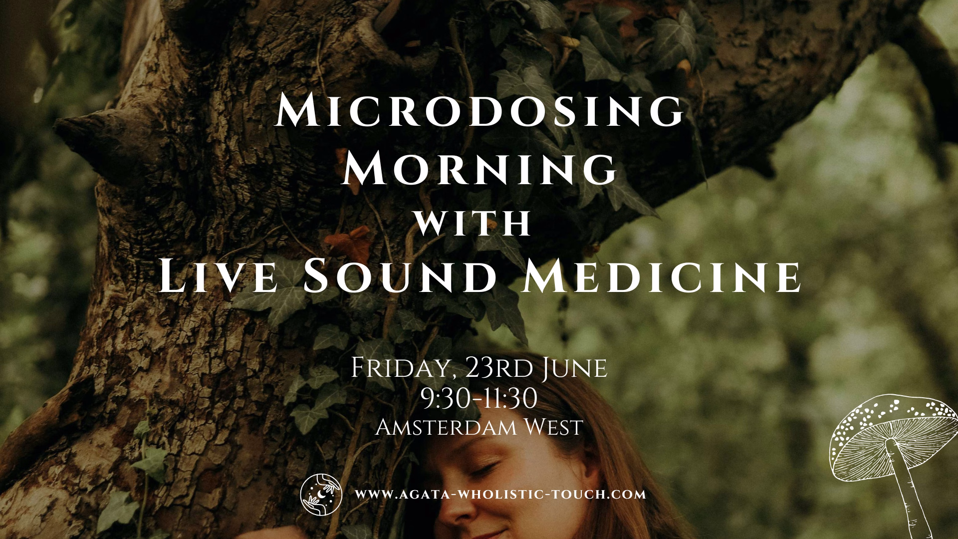"Microdosing Morning with Live Sound Medicine" poster with a tree and a mushroom