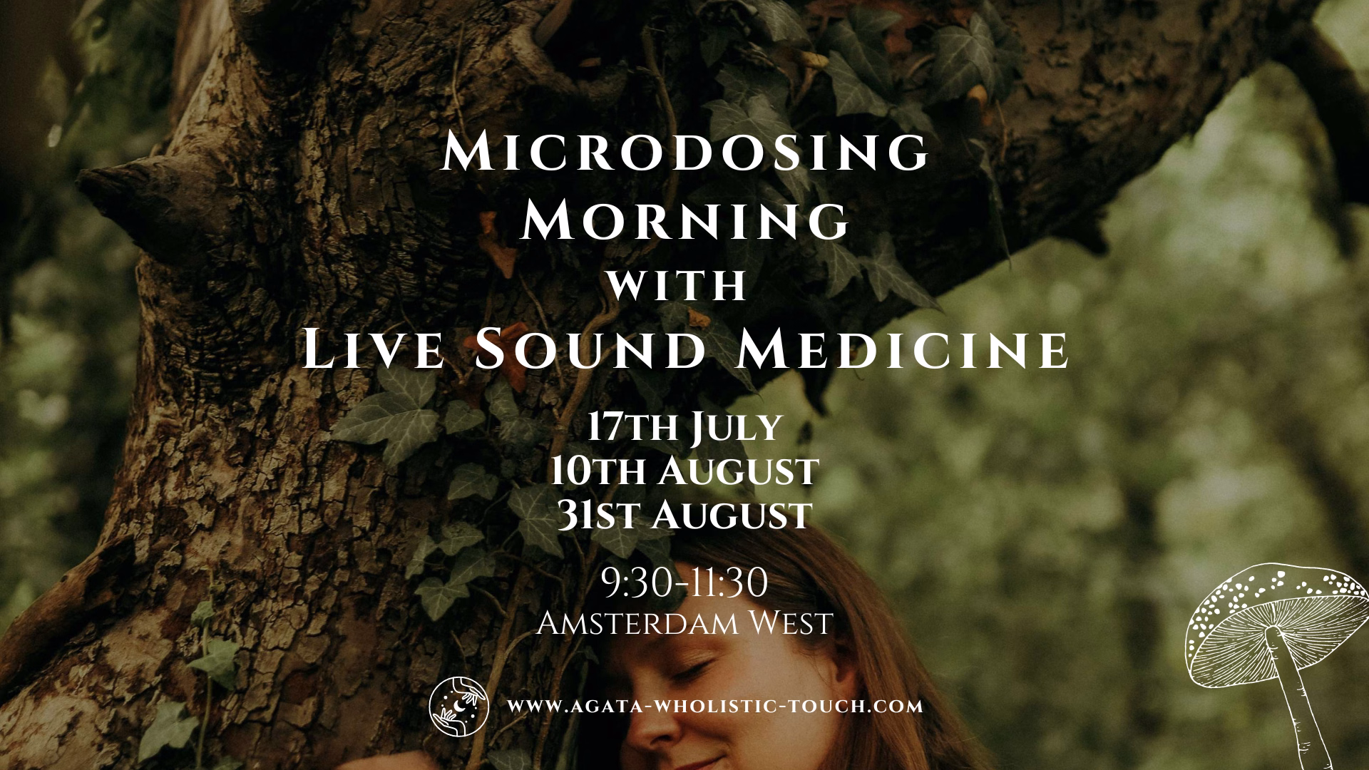 "Microdosing Morning with Live Sound Medicine" poster with a tree and a mushroom