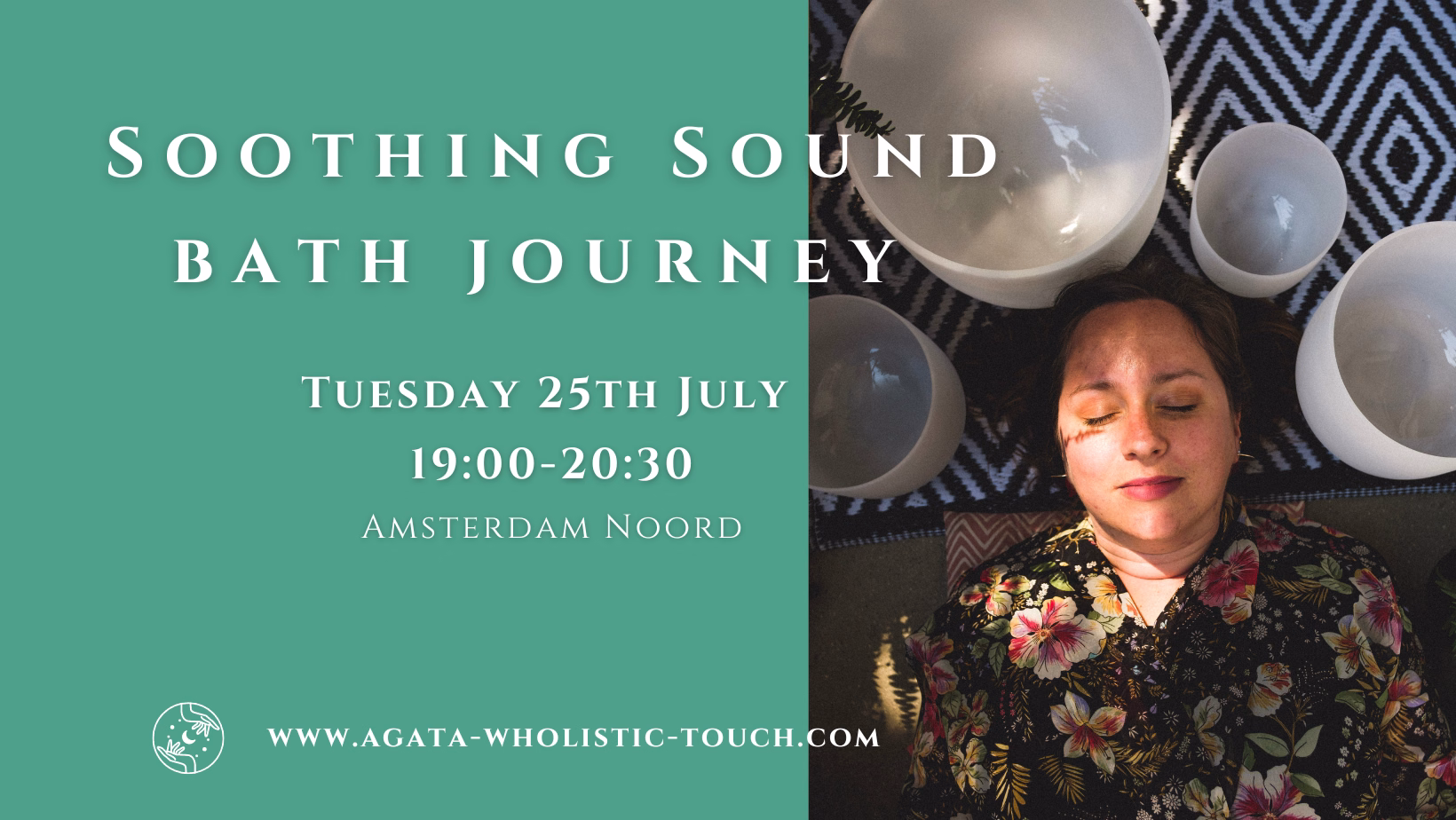 "Soothing Sound Bath Journey" poster with woman and crystal bowls