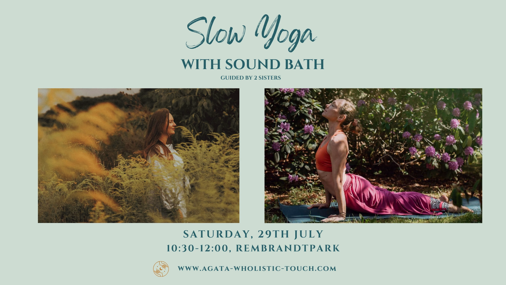 "Slow Yoga with Sound Bath Guided by 2 Sisters" flyer with two women in a natural setting