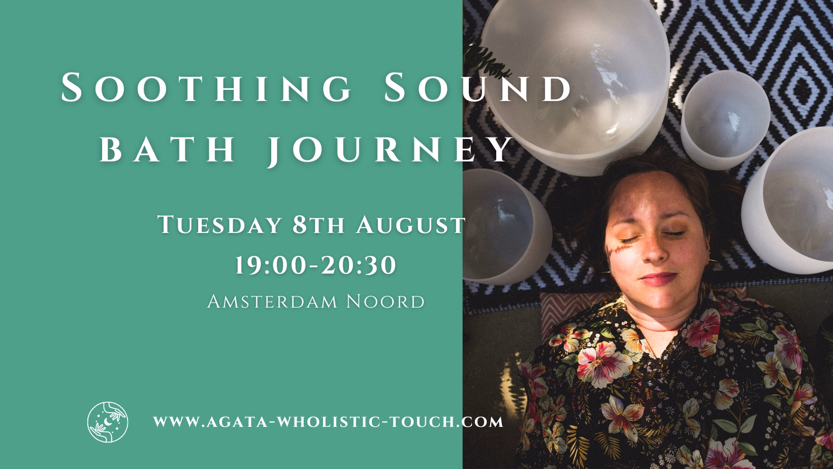 "Soothing Sound Bath Journey" poster with woman and crystal bowls