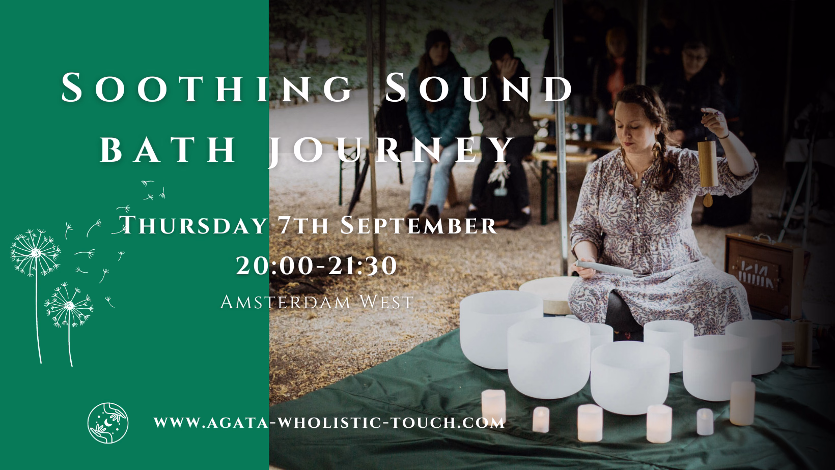 "Soothing Sound Bath Journey" poster with woman playing crystal bowls and candles