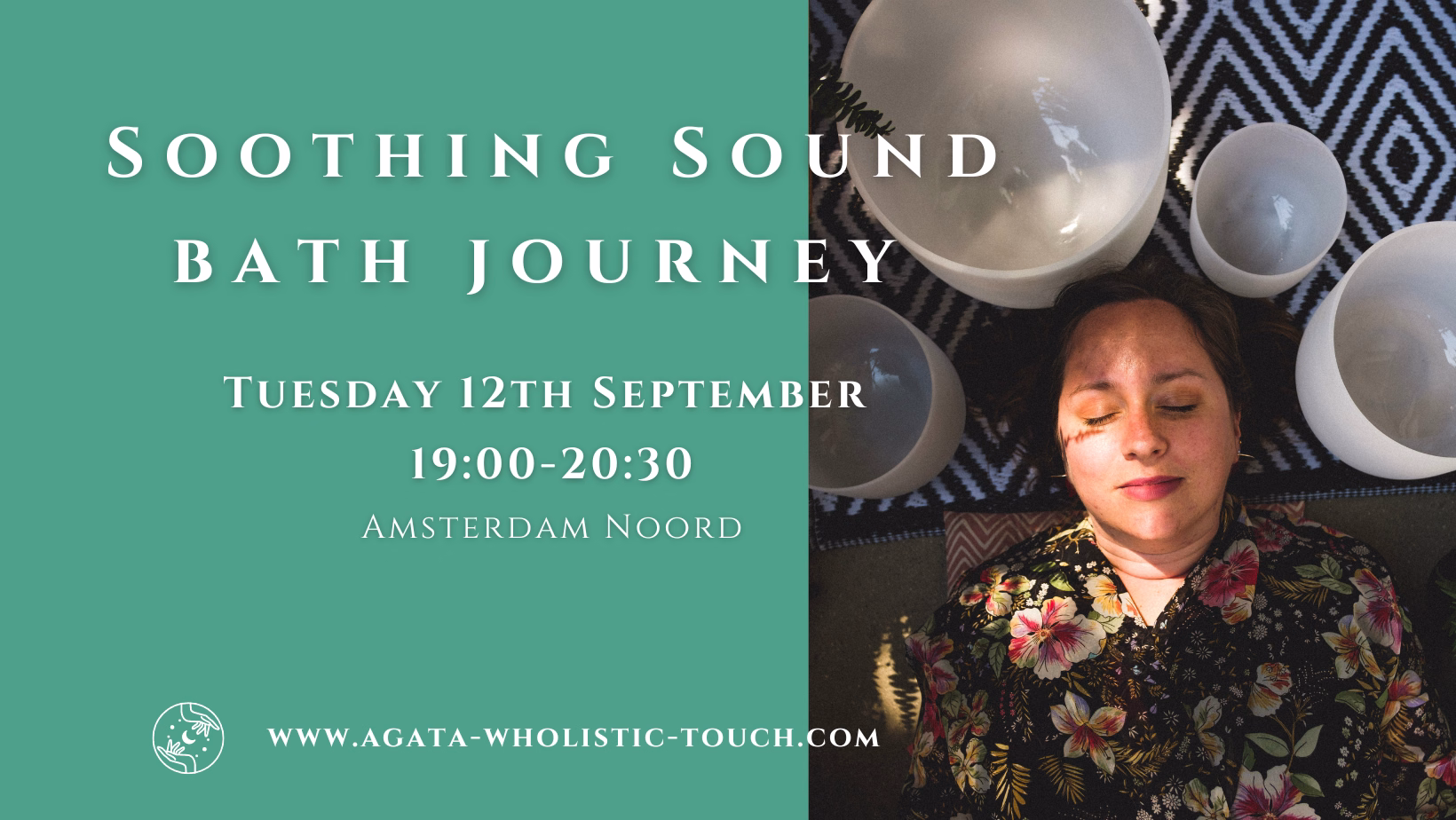 "Soothing Sound Bath Journey" poster with woman and crystal bowls