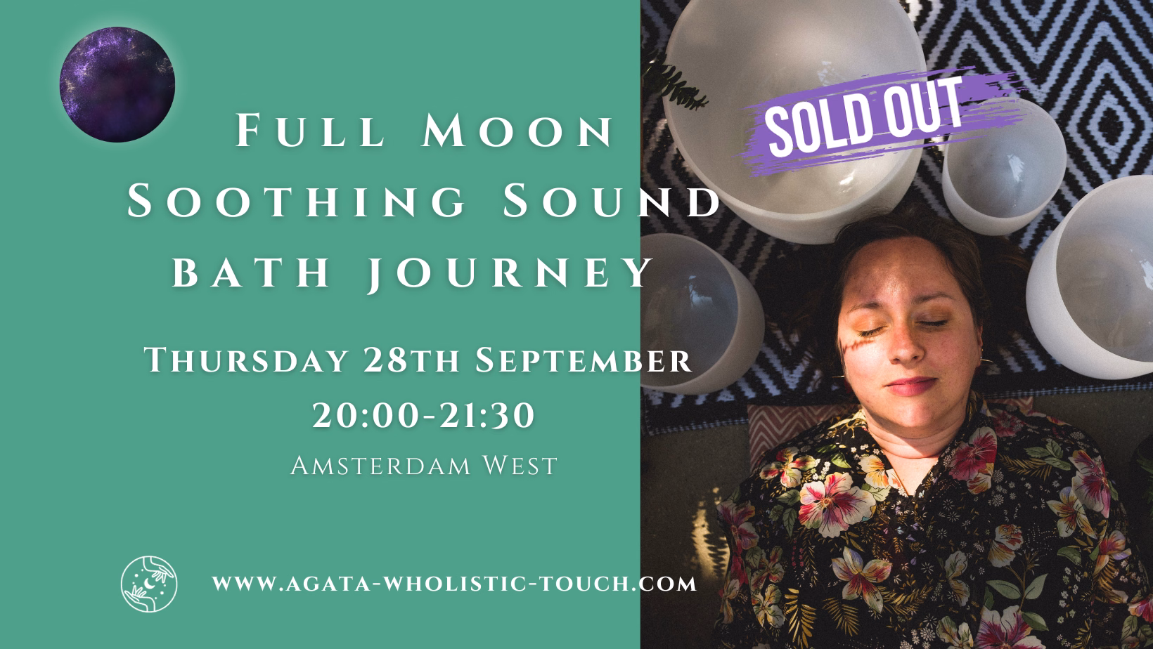 "Full Moon Soothing Sound Bath Journey" poster with woman lying among crystal bowls