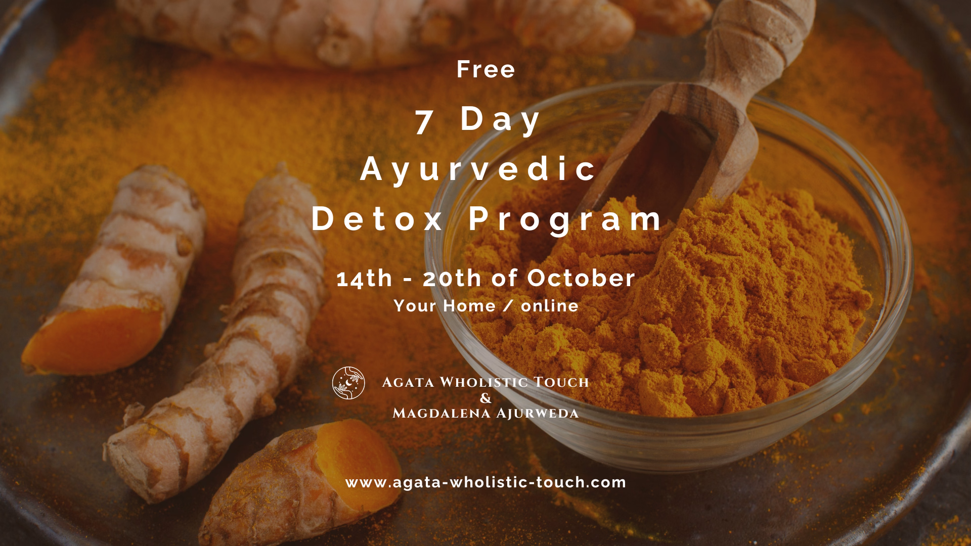"Free 7 Day Ayurvedic Detox Program" with turmeric and a wooden spoon