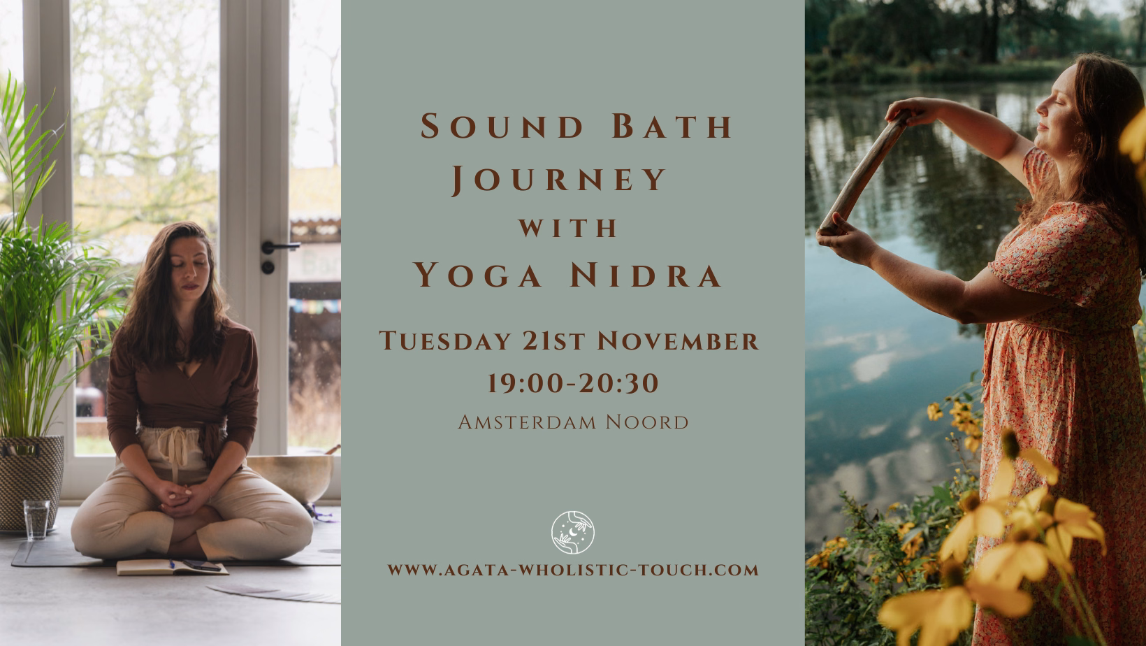 "Sound Bath Journey with Yoga Nidra" flyer with two women, one meditating and the other playing a crystal bowl
