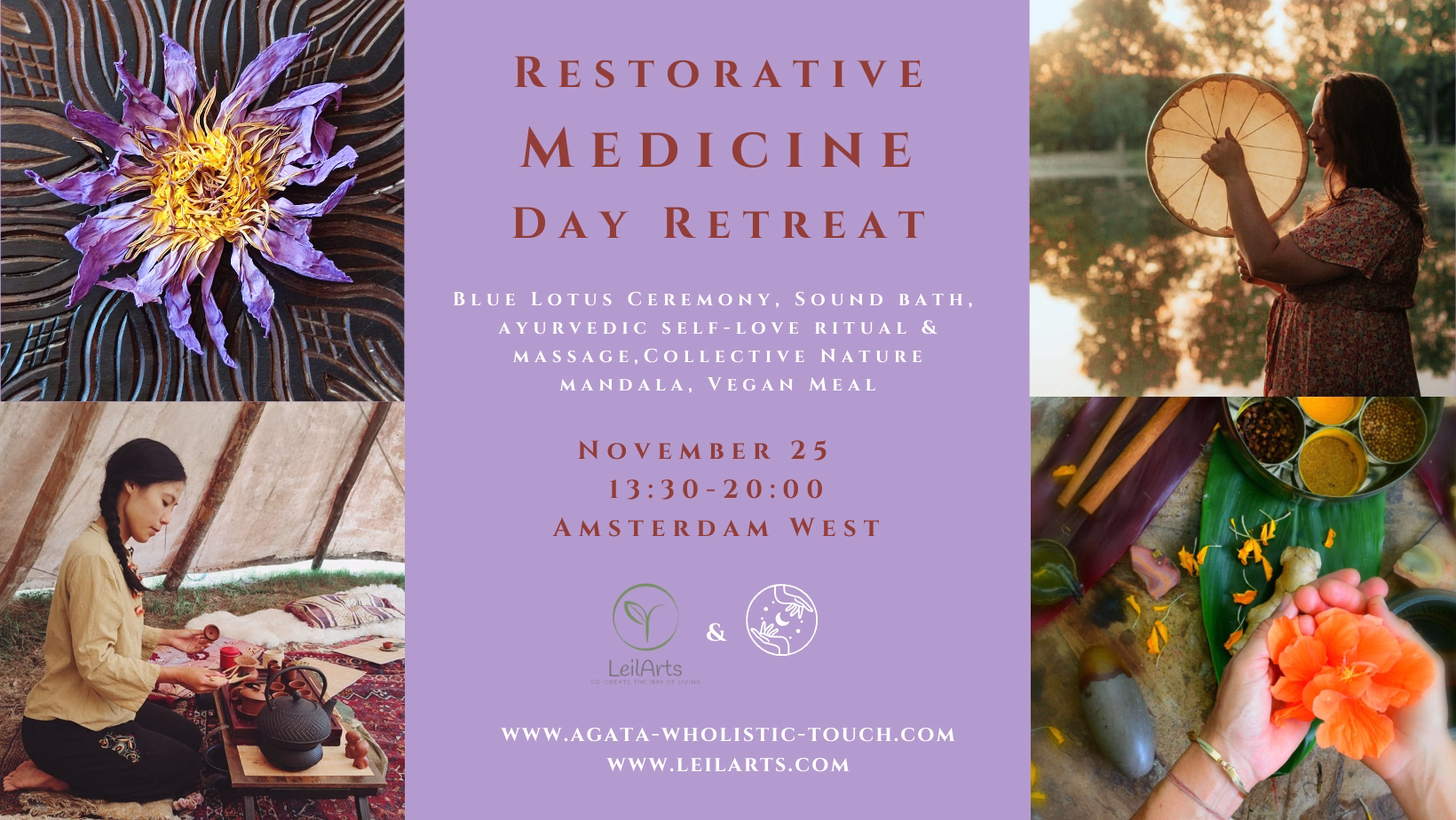 "Restorative Medicine Day Retreat" poster with a woman playing a drum, a woman meditating, and a table with herbs and