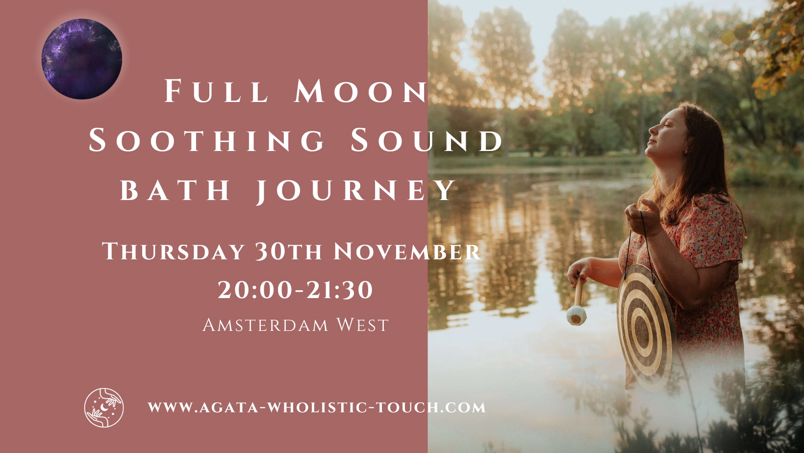 "Full Moon Soothing Sound Bath Journey" poster with woman holding drum near water