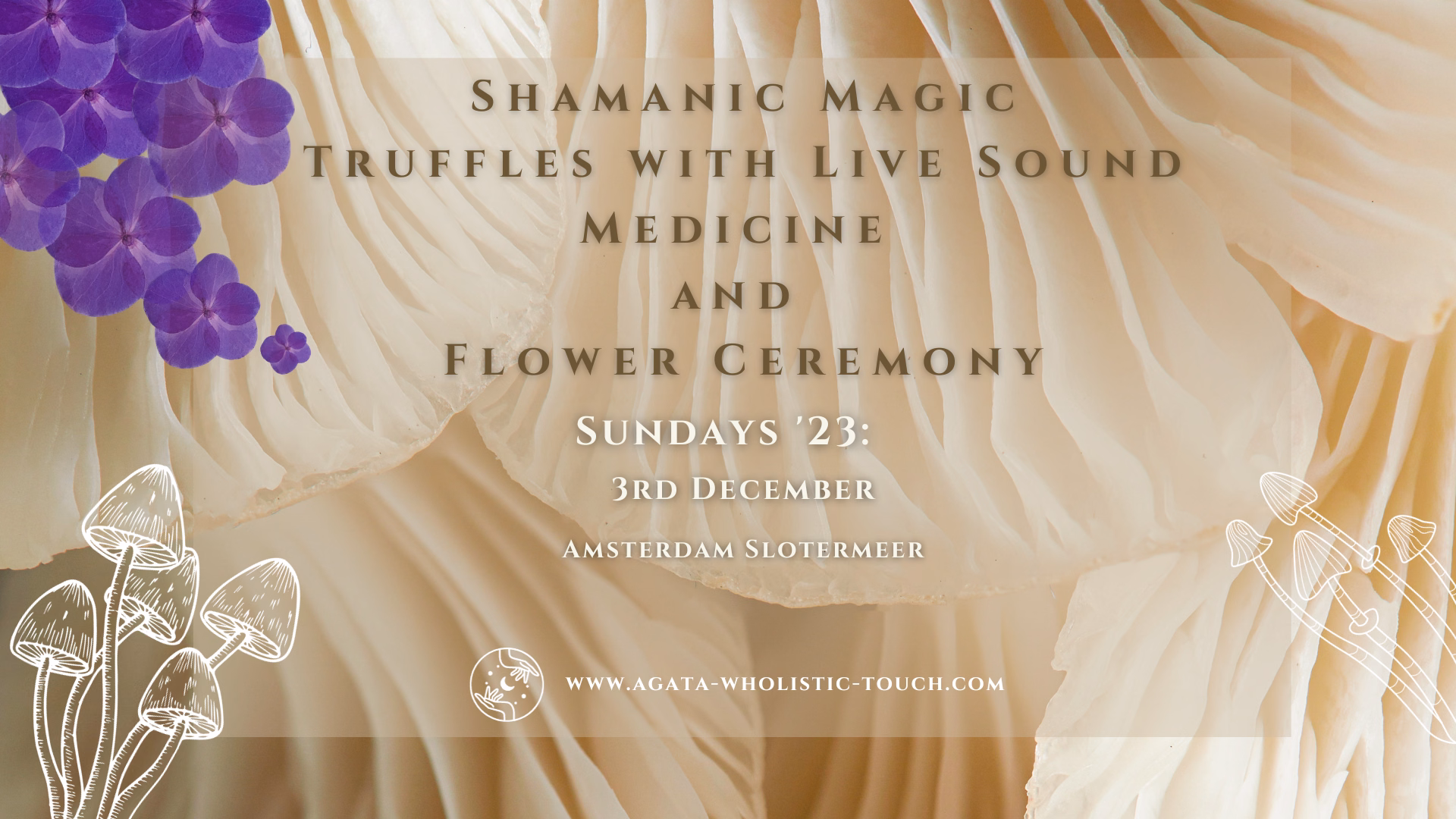 "Shamanic Magic Truffles with Live Sound Medicine and Flower Ceremony" poster with truffles, flowers, and sound bath