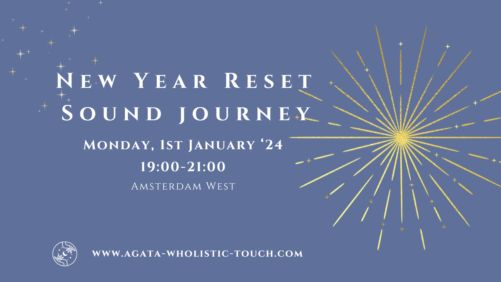 "New Year Reset Sound Journey" poster with fireworks and stars