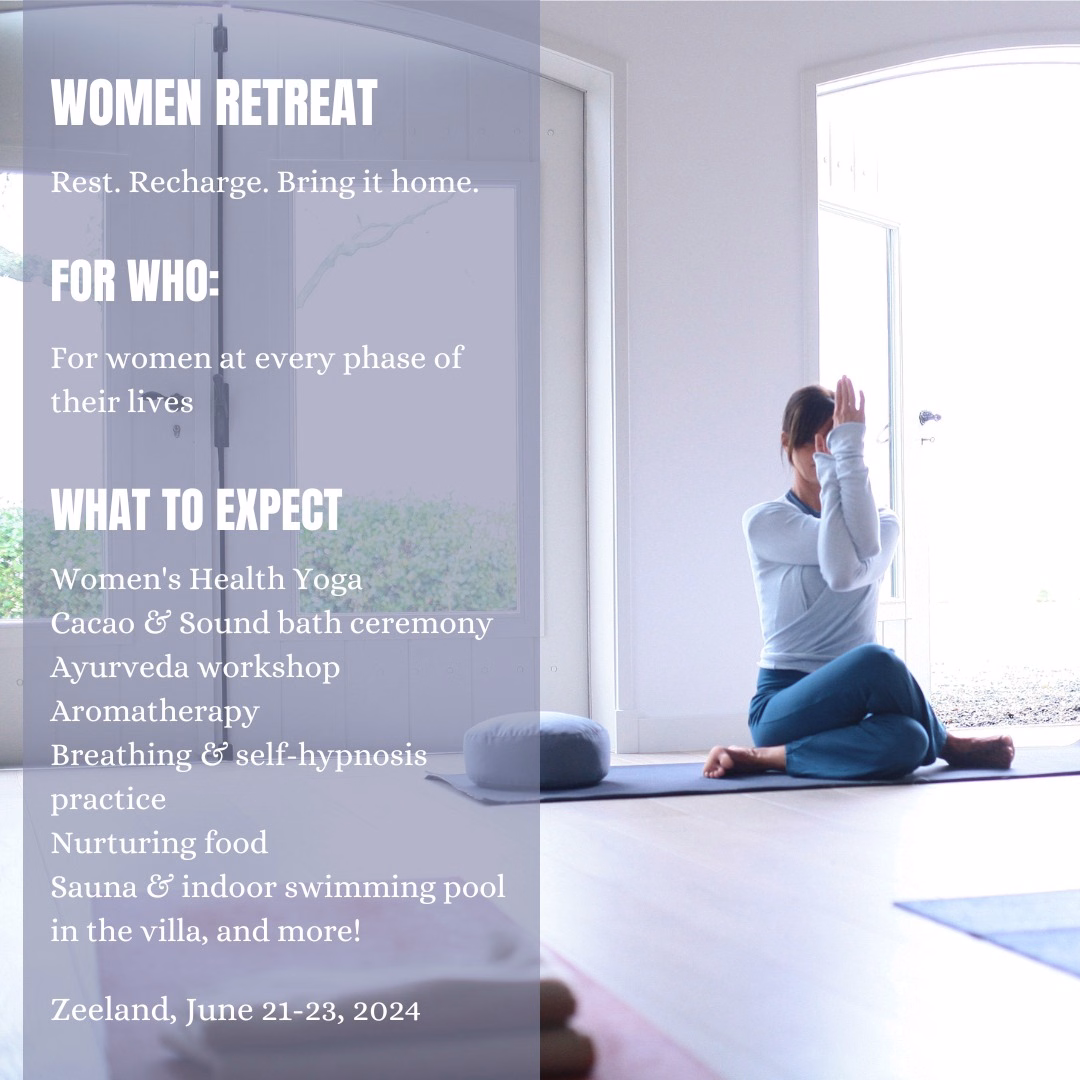 "Women Retreat" flyer with woman practicing yoga in a bright room