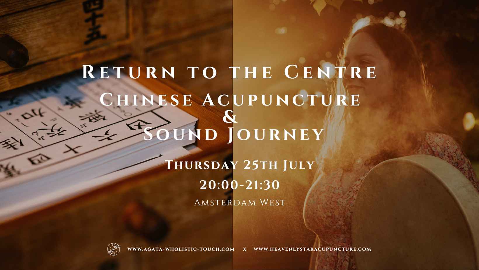 "Return to the Centre Chinese Acupuncture & Sound Journey" flyer with a woman and a book