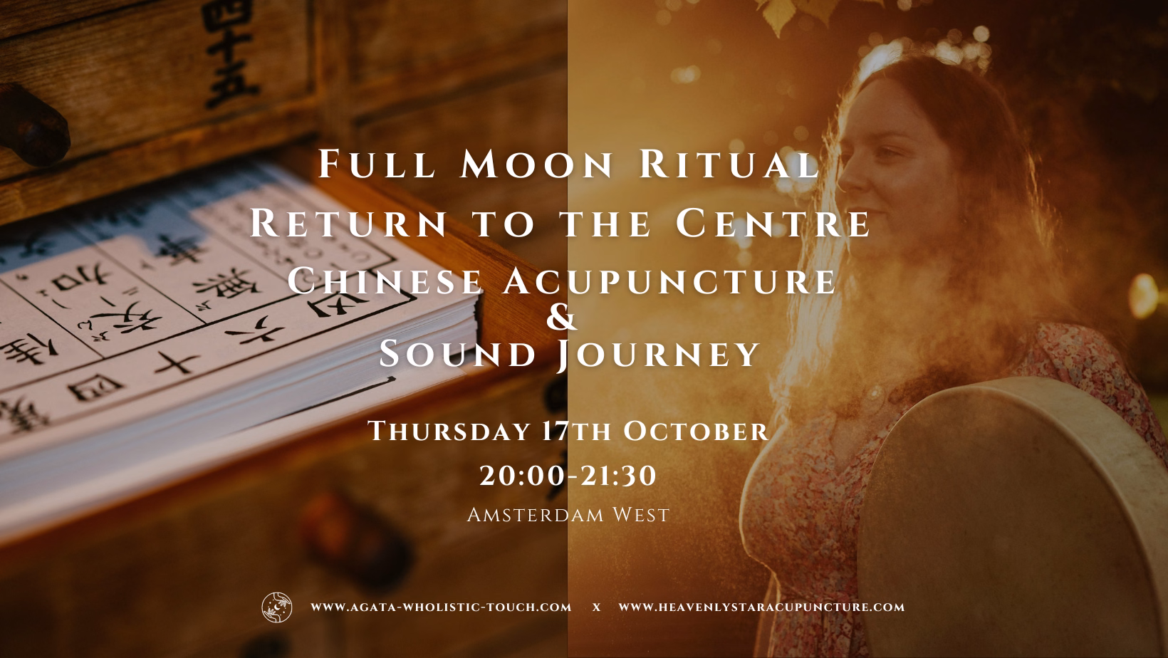 "Full Moon Ritual Return to the Centre Chinese Acupuncture Sound Journey" poster with a woman and a book