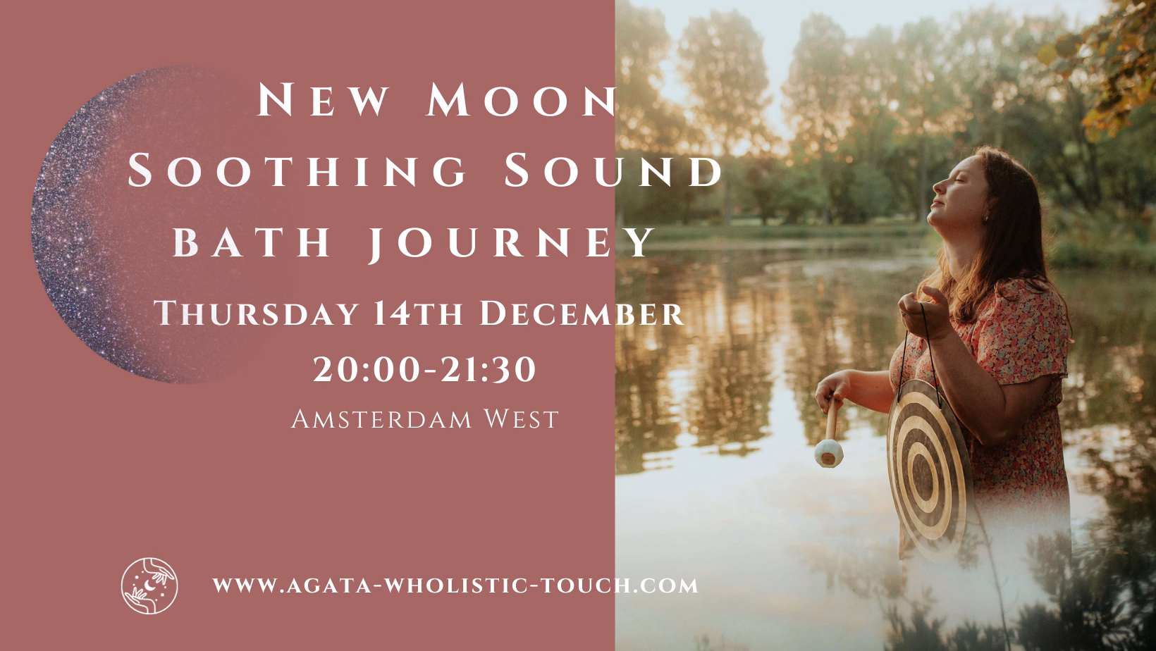 "New Moon Soothing Sound Bath Journey" poster with woman holding crystal bowl by lake