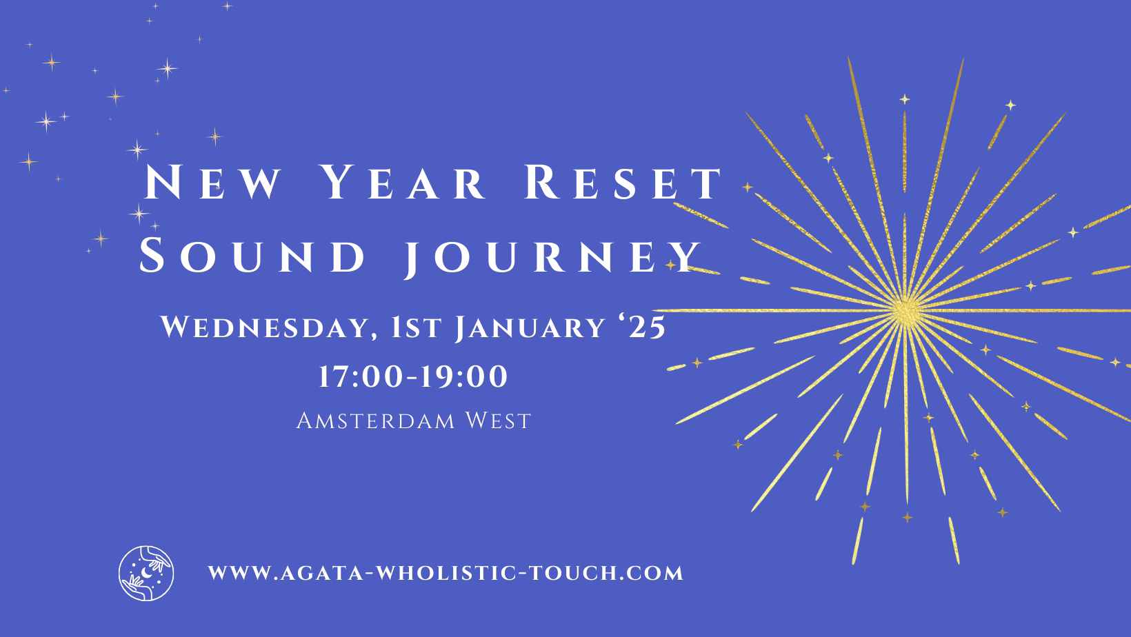 "New Year Reset Sound Journey" poster with fireworks and stars on blue background