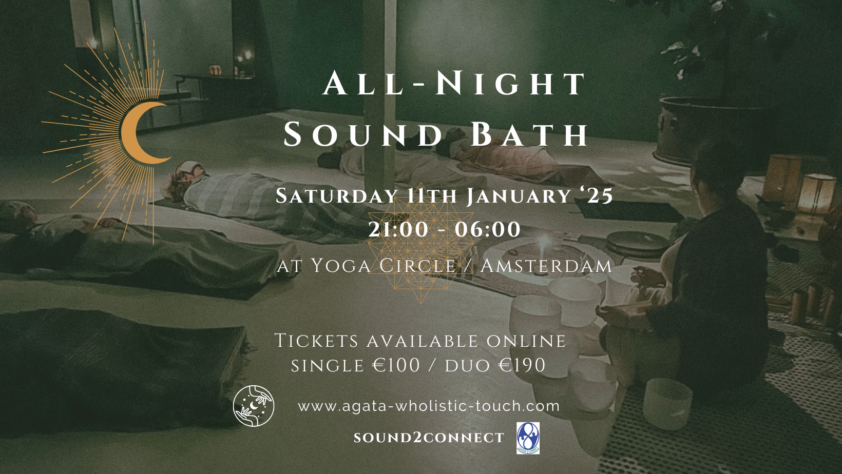 "All-Night Sound Bath" poster with people lying on mats and a person playing crystal bowls