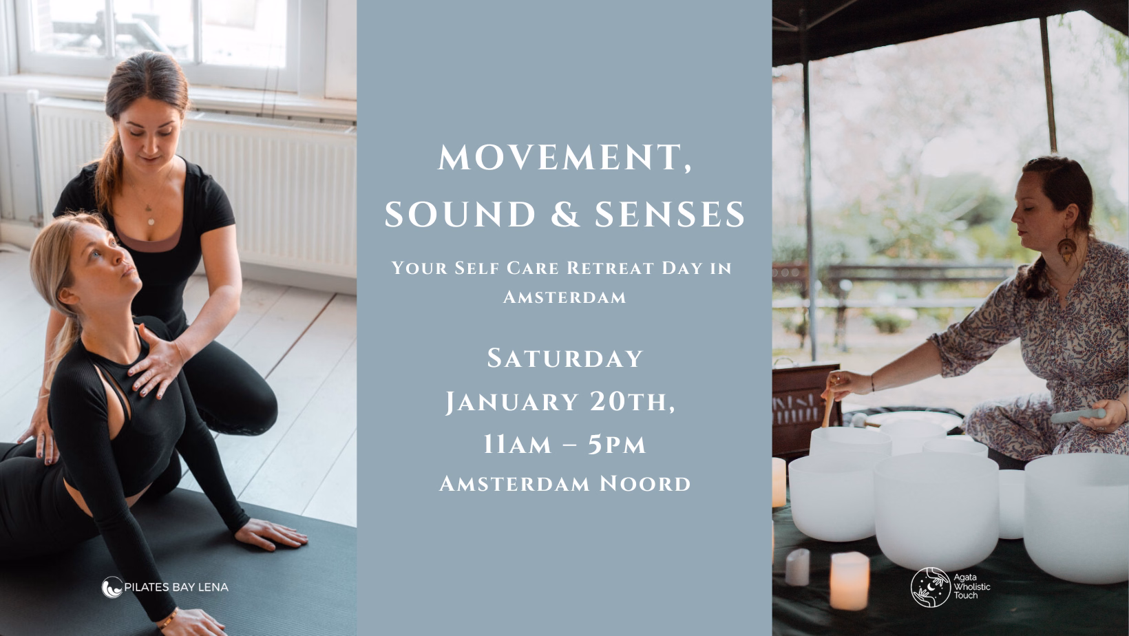 "Movement, Sound & Senses" flyer with two women practicing yoga and another woman playing crystal bowls